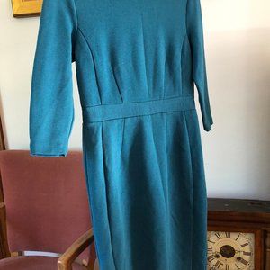 Teal Boden sheath dress with 3/4 sleeves cotton rib knit lined below knee length
